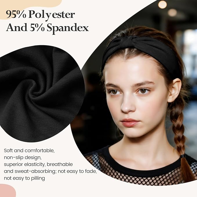 HSEM Headbands for Women, Wide Elastic Head Bands, Non-Slip Thick Hair Bands, Sports Stretchy Sweat Bands, Large Knotted Soft Headband for Washing Face, Makeup, Workout, Spa, Fashion, 6-Pack Black