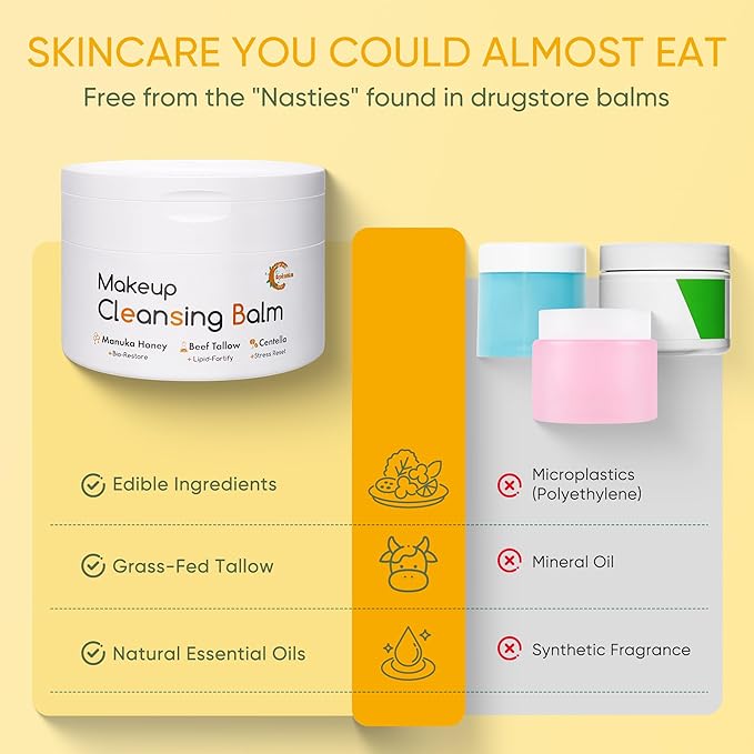 Grocerism Makeup Remover Balm with Manuka Honey, Grass-Fed Tallow & Centella, Makeup Cleansing Balm for Waterproof Mascara, SPF & Long-Wear Makeup, Rinses Clean, 3.53 Oz