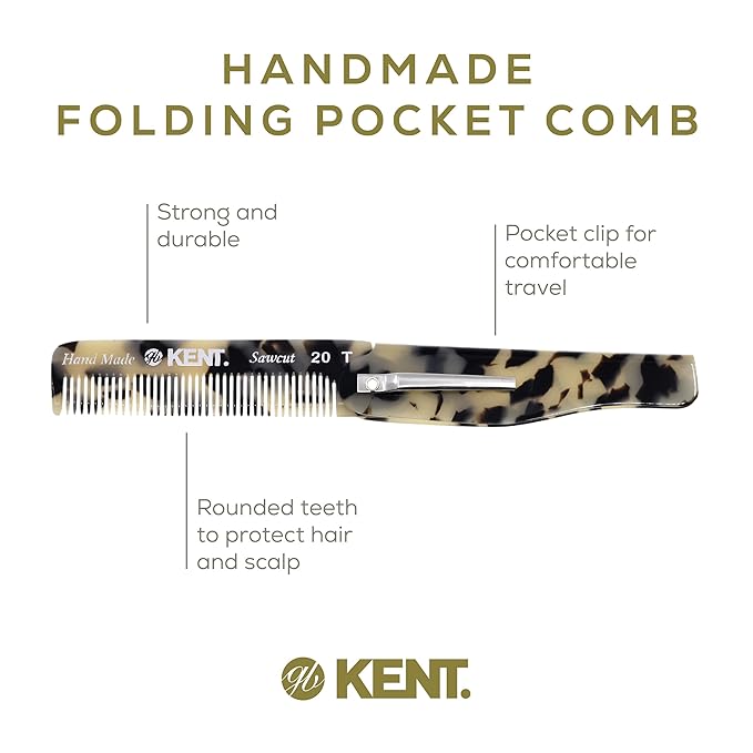 Kent Set Men's Hair Pocket Combs, 81T X-Small, 20T Fine Tooth Folding Comb. Best Hair, Beard and Mustache Grooming Kit for Travel and Home Care, Handmade in England