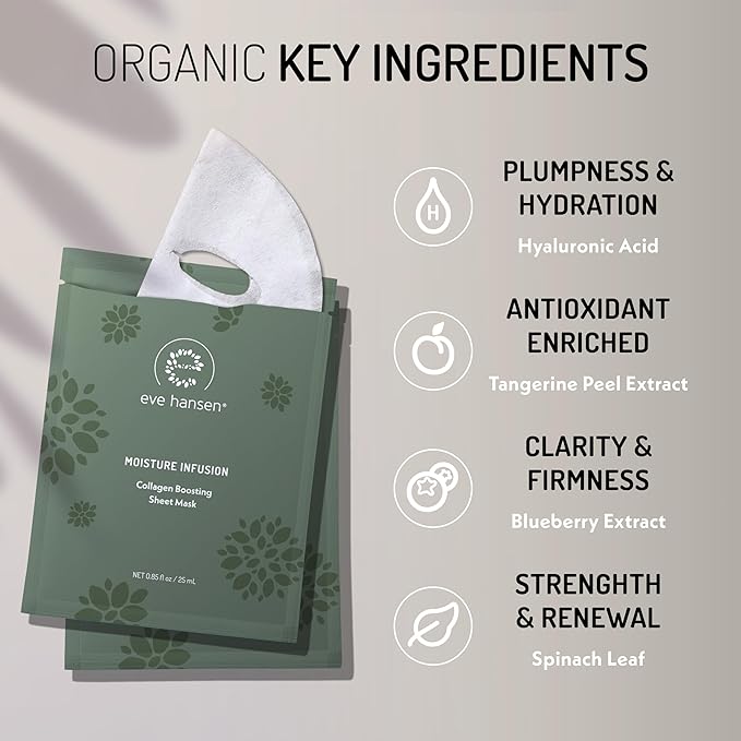 Eve Hansen Collagen Sheet Mask (5 Pack) – Hydrating Face Masks Skincare with Hyaluronic Acid – Plumping Firming Facial Sheet Mask for Mature & Dry Skin – Vegan