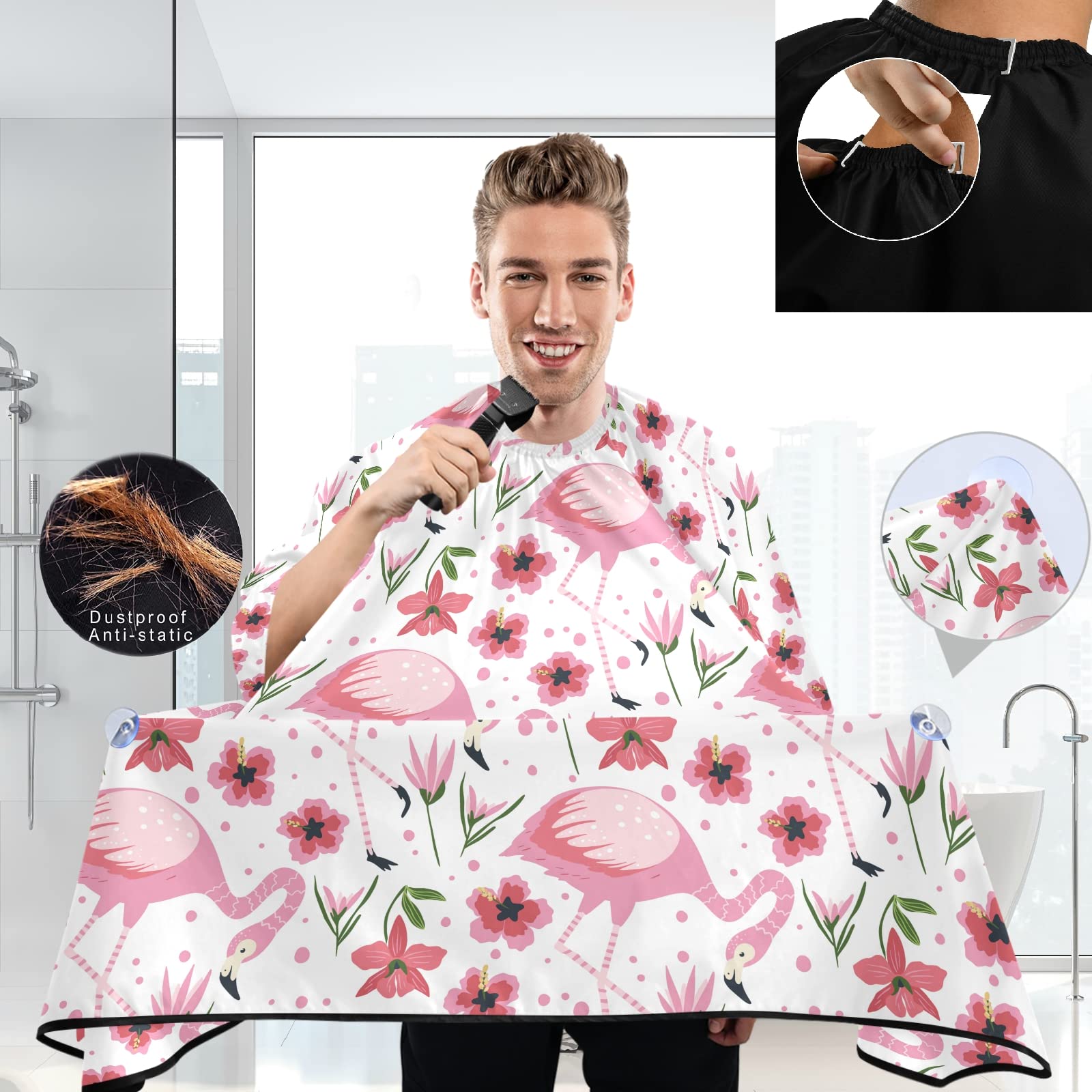 Visesunny Barber Cape - Pink Flamingo Flower Dot Polyester Hair Cutting Salon Apron Anti-Static Haircut Water-Resistant Shaving Cloth Beard Shaving Bib