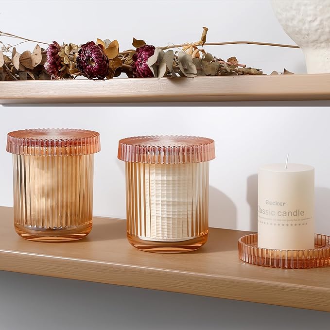 rejomiik Glass Qtip Holder Dispenser, Bathroom Canister Apothecary Jars with Lids, Vanity Makeup Accessories Storage Organizer for Cotton Swabs, Cotton Balls, Pads, Floss Picks, Amber
