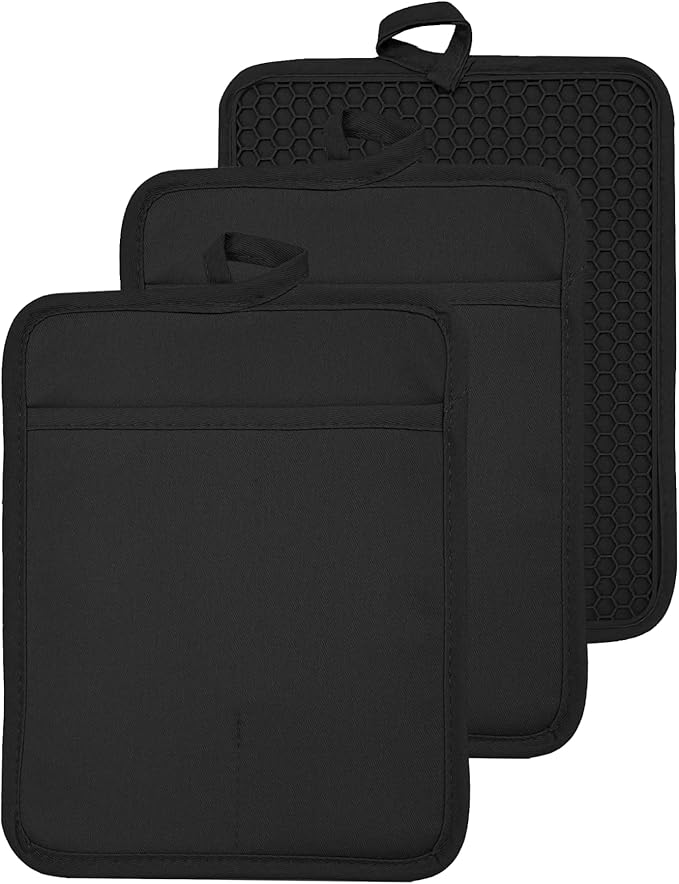 VEIKERY Oven Pot Holder with Pocket Cotton Heat Resistant Coaster Potholder Kitchen Hot Pad Oven Mitts for Cooking and Baking Square 7"x9" (Black, Silicone)
