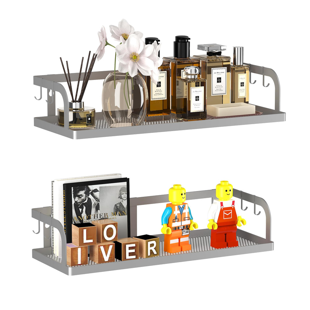 PUSDON 2-Pack Wide Hollowout Shower Caddy & Spice Rack, Wall Mount Bathroom Organizer with Mesh Bottom, Easy Access Cabinet Door Shelf Holds 50LBS - Silver Gray, Hollowout