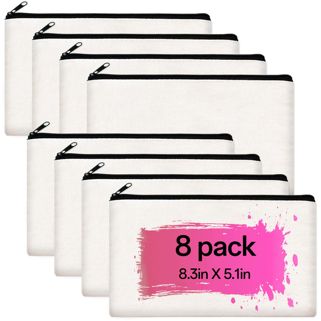 ZeeDix 8 Pack 8.3 x 5 inches Blank DIY Craft Bag - White Canvas Zipper Pouch Bags Multipurpose Cosmetic Bag Makeup Pouch with Zipper, Travel Toiletry Bag for Storage