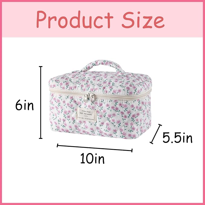 uekeboag Large Travel Quilted Makeup Bag for Women, Floral Cotton Cosmetic Bag, Coquette Aesthetic Floral Toiletry Organizer Bag(Little Purple Flower