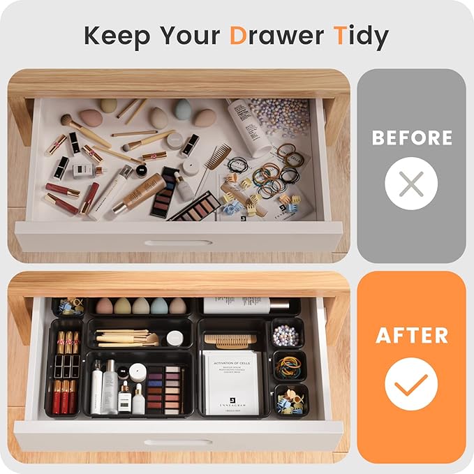 A-LuGei 【Military Grade】 Drawer Organizer,【𝟱𝗦𝗶𝘇𝗲】 Makeup organizer,【Holds 177 Items】 Bathroom Organizers and Storage,Organization and Storage,Desk Drawer Organizer for Vanity【Black】