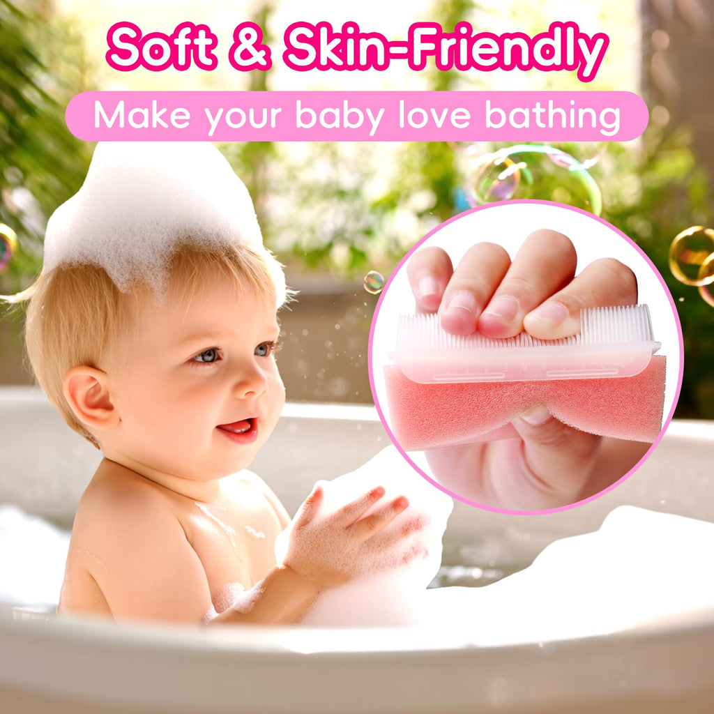 Cradle Cap Brush for Babies, Baby Bath Essentials with Silicone Scrubber Bath Sponge Dual-Sided Comb for Newborns Toddlers Boys Girls (Pink, Set of 5)