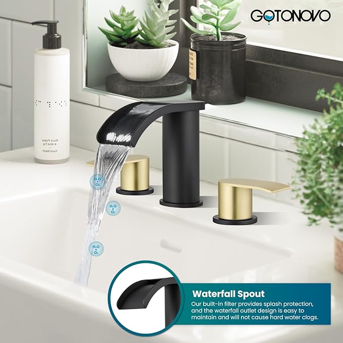 gotonovo Waterfall 8 inch Widespread Bathroom Faucet Set Bathroom Sink Faucet 3 Hole 2 Handle Vanity Lavatory Deck Mount with Pop Up Drain and Water Supply Lines Round Body Brushed Gold and Black