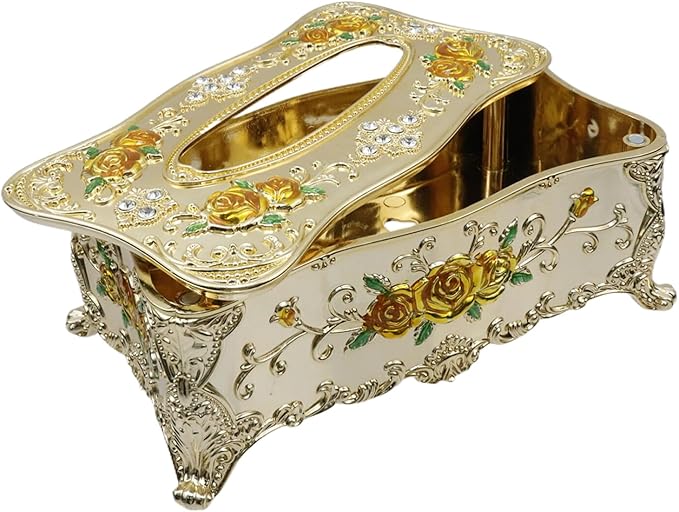 9.45"x5.43"x3.94" Luxurious Rose Tissue Box with Imitation Diamonds, Embossed Flowers, Elegant Tissue Paper Holders for Home Toilet Bath Hotel,Gold-Yellow