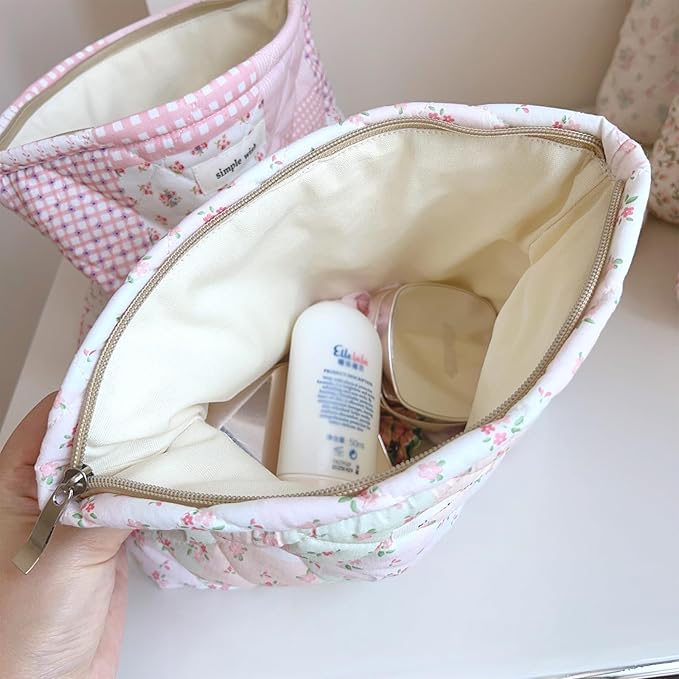 Sminra Quilted Floral Makeup Bag for Women, Cotton Cosmetic Pouch with Zipper, Slim Travel Toiletry Organizer for Makeup, Skincare and Daily Essentials Organizer (Pink Floral-L)