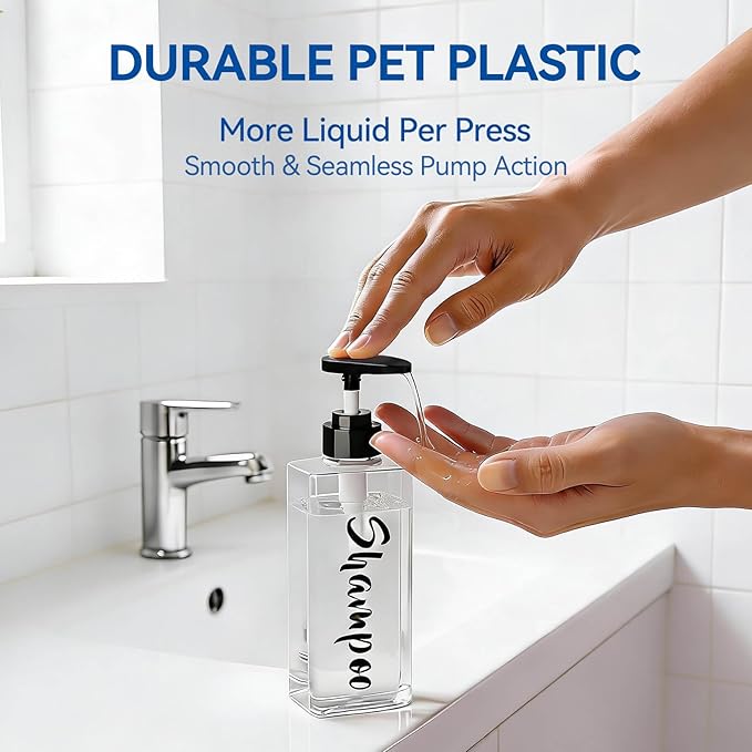 AUMIO 16.9oz Clear Shampoo and Conditioner Dispenser Set of 3, Refillable Empty Shampoo Bottles with Pump for Shower, Printed Plastic Soap Dispenser for Bathroom, Rectangular Body Wash Container Sets