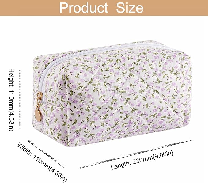 HHQQWZ Makeup Bag Travel Cosmetic Bag for Women Girls, Zipper Make Up Pouch, Floral Flowers Toiletry Organizer Makeup, Portable Storage Cosmetic Travel Cloth Bag (Pink+Purple Floral)