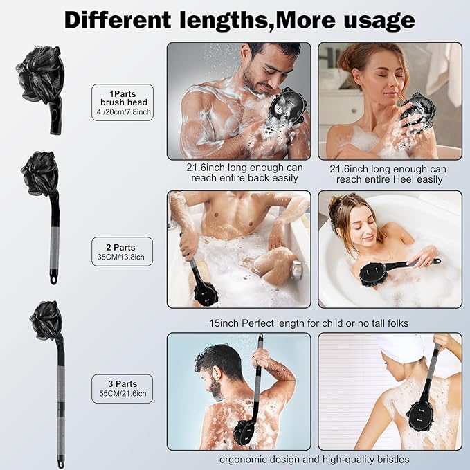 BTideas Loofah with Handle, 21.7” Detachable Loofah Back Scrubber, Back Loofah, Exfoliation and Improved Skin Health, Shower Loofah for Shower for Men Women（Black）