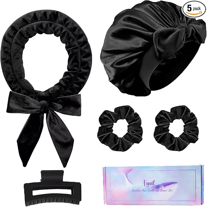 Heatless Hair Curler and Double Layer Satin Bonnet Set for Overnight Curls - No Heat Curling Rod with silk Bonnet, Sleep-In Safe for Long/Medium Hair, Frizz-Free Waves & Volume(Black)