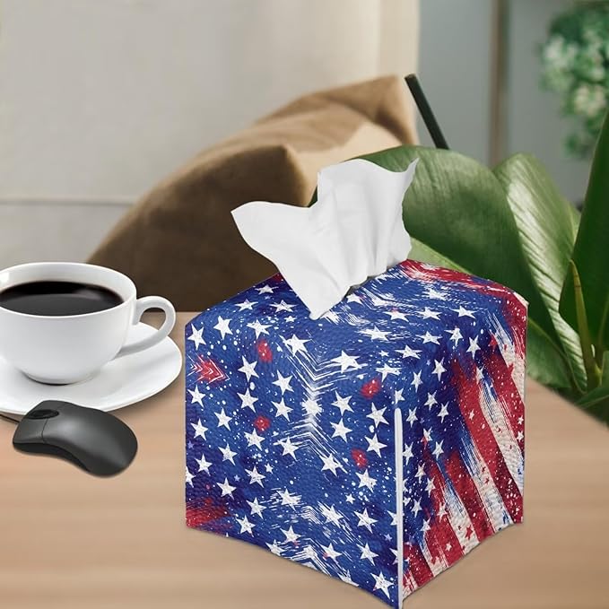American Flag Tissue Box Cover, PU Leather Square Tissue Holder with Secure Metal Button, Waterproof and Stylish Napkin Dispenser for Home, Office, Car, and Bathroom Decor