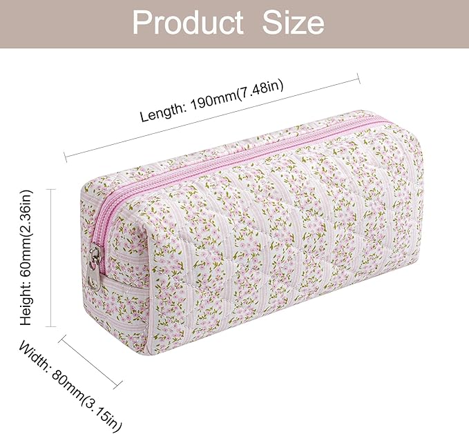 WHHJM Cute Floral Makeup Brush Bag Small Cotton Quilted Cosmetic Bag for Women Travel Toiletry Zipper Make Up Pouch (Pink Floral)