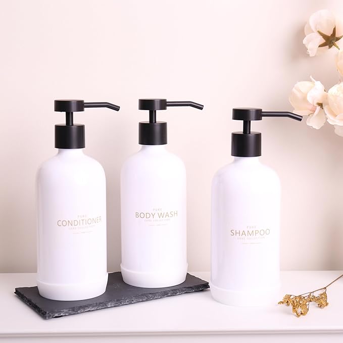 Janxin Shampoo and Conditioner Dispenser Set of 3,Refillable 21oz Shampoo Bottles with Non-Slip Protective Silicone Pad,Shower Soap Dispenser with Waterproof Labels for Bathroom (White)