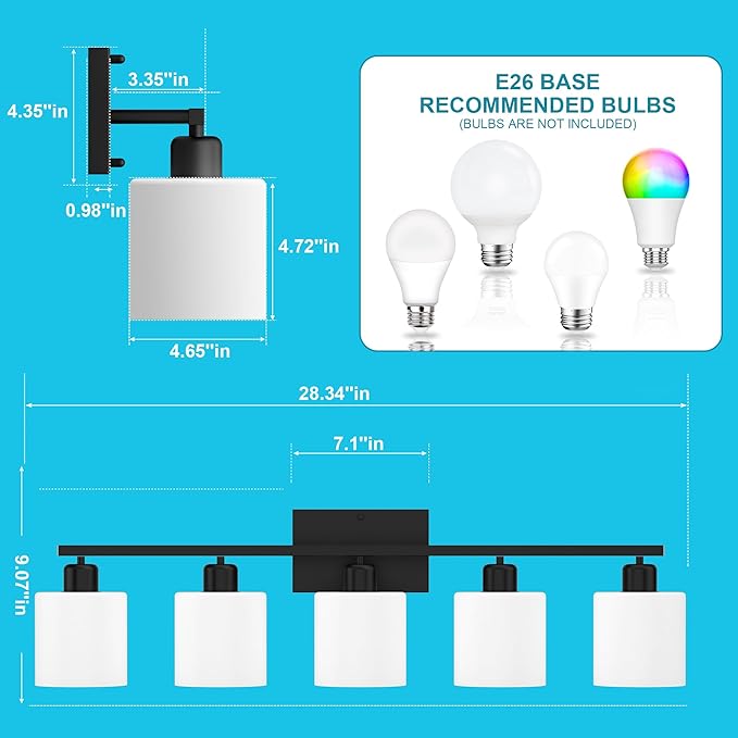 Dekang Bathroom Black Lighting Fixtures Over Mirror, Anti-Rust 5-Light Bathroom Vanity Lights,Milky White Glass Shades