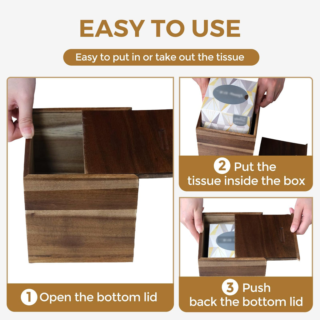 KALEKAIL 2 Pack Wood Tissue Box Cover， Acacia Wood Tissue Box Cover Square, Decorative Cube Facial Wooden Tissue Box Holder with Slide-Out Bottom for Bathroom, Bedroom, Dinner Table, Office, Kitchen