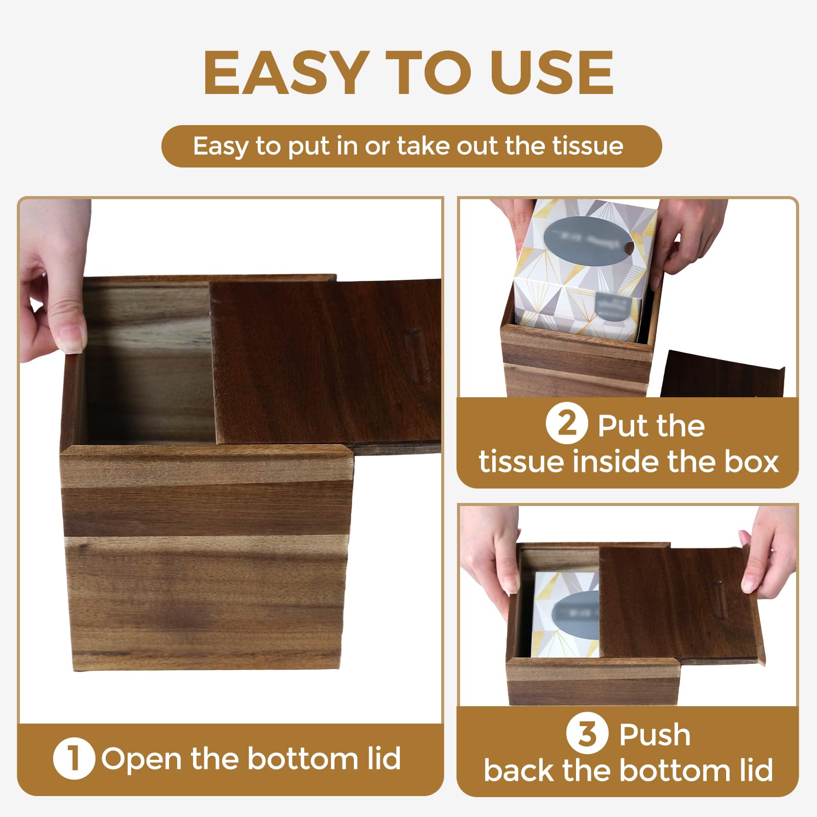 KALEKAIL 2 Pack Wood Tissue Box Cover， Acacia Wood Tissue Box Cover Square, Decorative Cube Facial Wooden Tissue Box Holder with Slide-Out Bottom for Bathroom, Bedroom, Dinner Table, Office, Kitchen