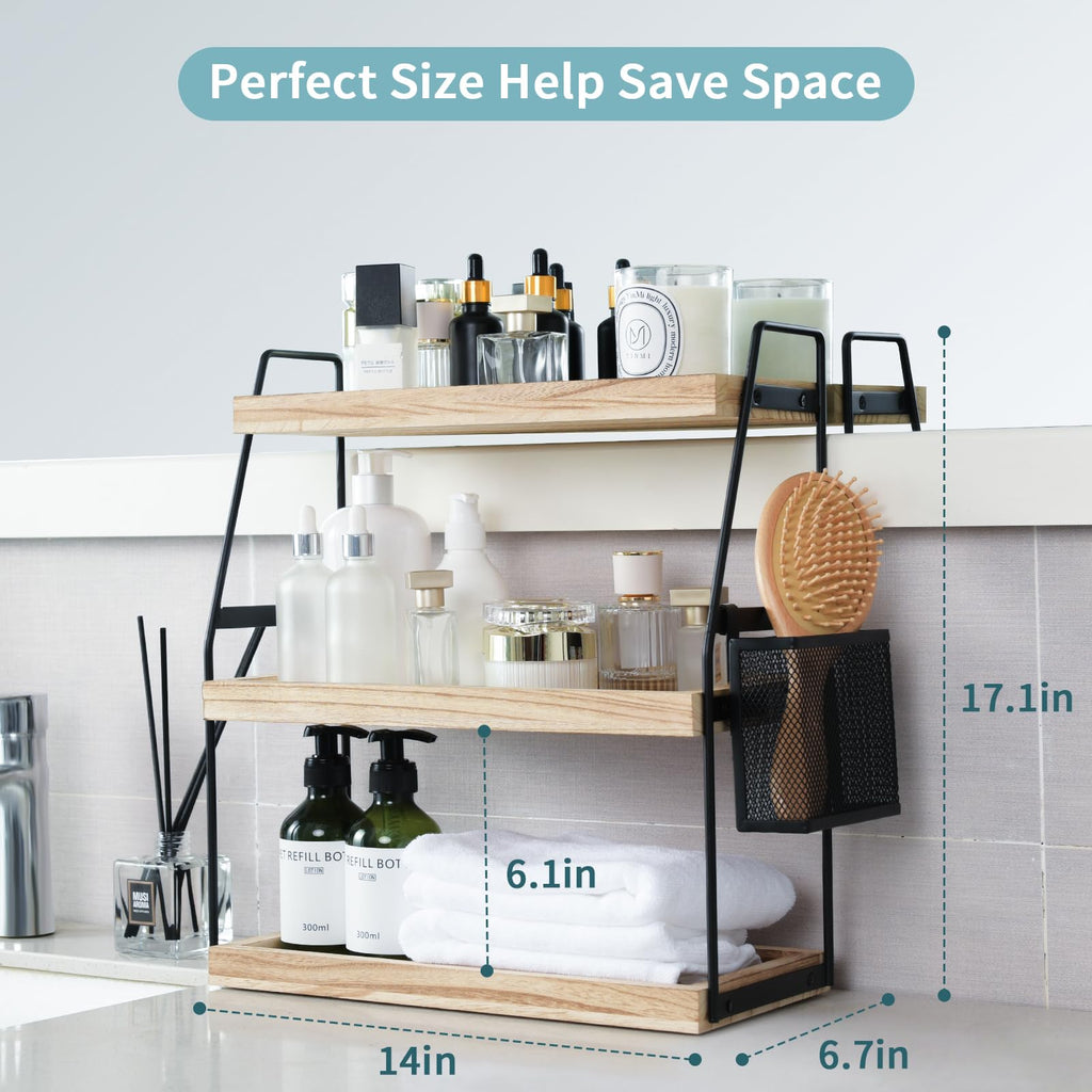 Nroech Bathroom Organizer Countertop, 3-Tier Standing Counter Shelf with Basket, Wood Tray for Kitchen Vanity Organizer