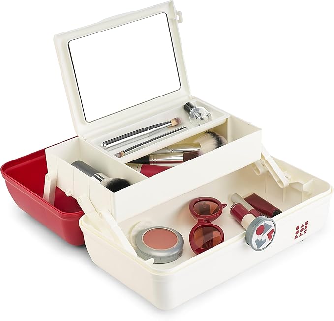Caboodles School Spirit On-The-Go Girl Makeup Box, Crimson Over White, Hard Plastic Makeup Organizer Box, Built-In Mirror, Secure Latch for Safe Travel, Spacious Storage for Large Items