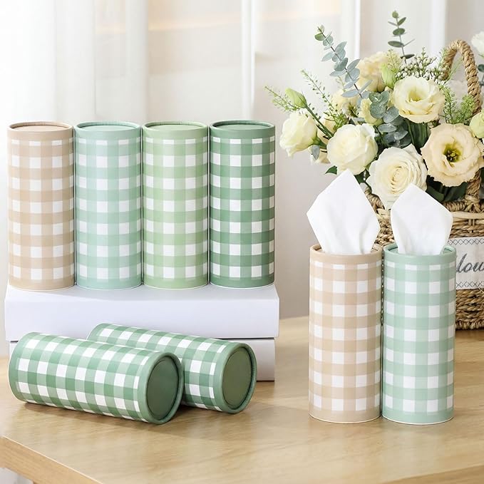 Fourluoo 12 Set Green Plaid Tissue Boxes for Car Cylinder Bulk Fresh Plaid Round Cylinder Holder with 3 Ply Facial Tissues for Spring Summer Travel Bathroom Office Decoration