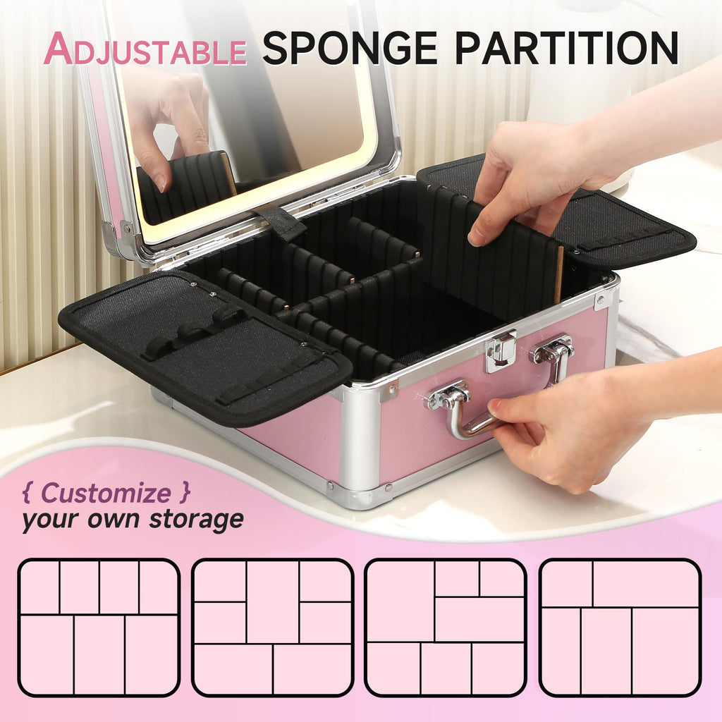 Leeora&Leekoo Makeup Box with Lighted Mirror,Portable Makeup Train Case Organizer (Pink1)