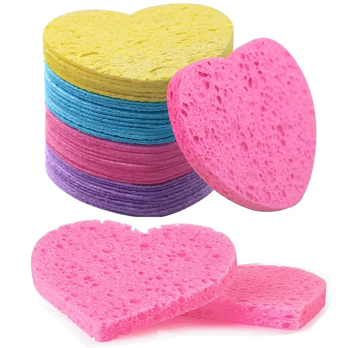 100-Count Compressed Facial Sponges for Estheticians Heart Shape Natural Cellulose Sponge Professional Cosmetic Spa Sponges for Face Cleansing, Massage, Pore Exfoliating, Mask, Makeup Removal, Mixed