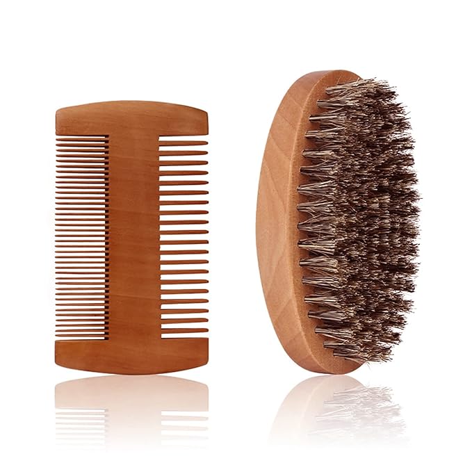 Fan Wu Beard Brush & Wood Comb Set with Velvet Travel Pouch – Natural Boar Bristle Grooming Kit, Anti-Static, No Shedding (Unlike Metal/Plastic Kits) for Beard, Mustache & Hair – Gift for Men
