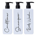 Spa-Inspired Refillable Shampoo and Conditioner Bottles - Dispenser Set of 3 with Pump - Bottles for Shower Wall – Printed Shampoo, Conditioner & Body Wash
