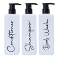 Spa-Inspired Refillable Shampoo and Conditioner Bottles - Dispenser Set of 3 with Pump - Bottles for Shower Wall – Printed Shampoo, Conditioner & Body Wash