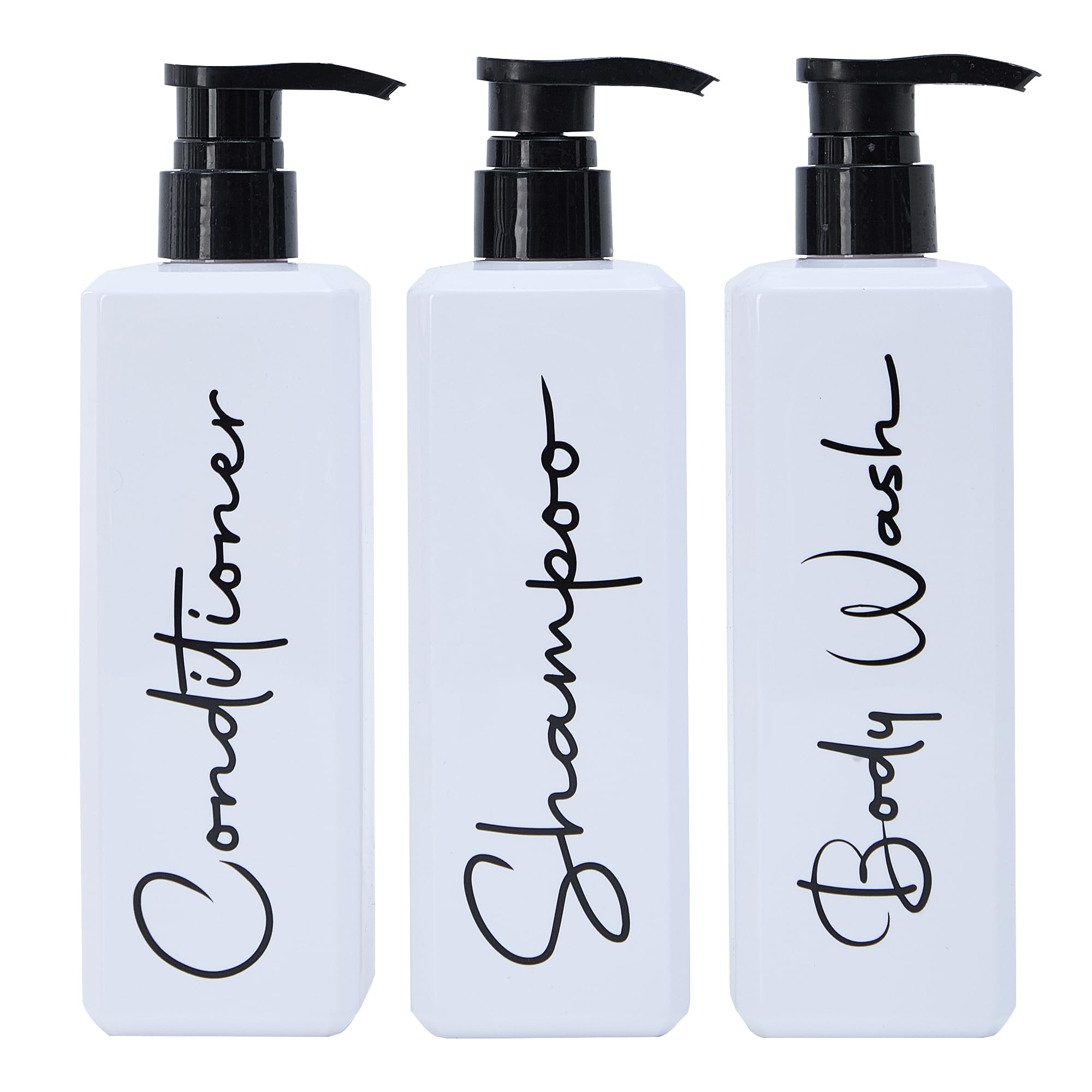 Spa-Inspired Refillable Shampoo and Conditioner Bottles - Dispenser Set of 3 with Pump - Bottles for Shower Wall – Printed Shampoo, Conditioner & Body Wash