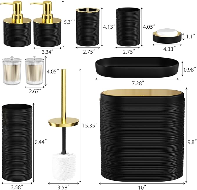 InnJoey Bathroom Set, 10PC Bathroom Accessory Set, Black Bathroom Accessories, Black and Gold Bathroom Set with Trash Can, Soap Dispensers