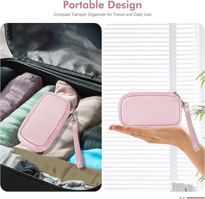 Teircno Portable Tampon Organizer, Beige PU Pouch with Handle and Zipper for Women's Period Bags
