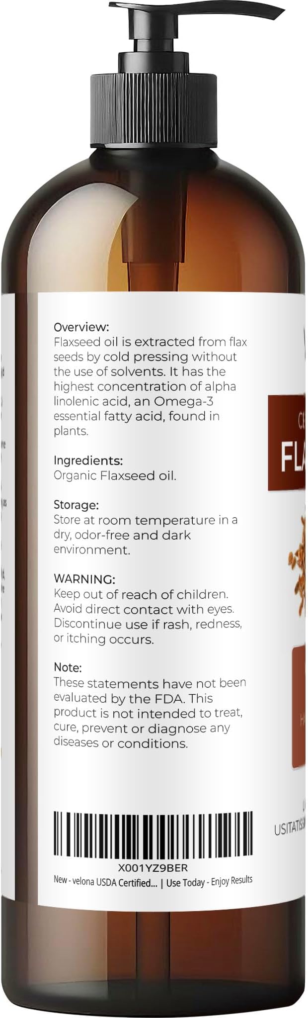 velona USDA Certified Organic Flaxseed Oil - 16 Fl Oz | 100% Pure and Natural Carrier Oil | Unrefined, Cold Pressed |Body, Face & Skin Care | Use Today - Enjoy Results…
