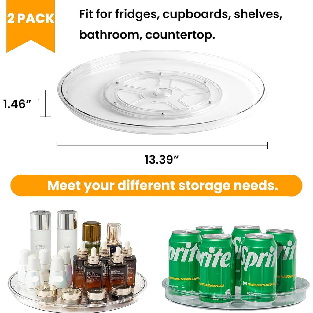 vacane Large 13" Lazy Susan Cabinet Organizer, Non-Skid Lazy Susan Turntable Clear Lazy Susan Tray Storage Containers for Pantry, Kitchen, Countertop, Bathroom-2 Pack