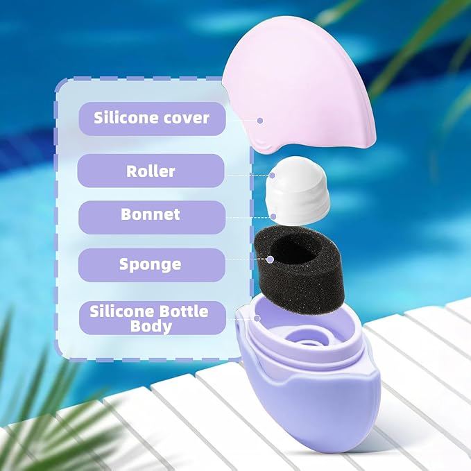 Sunscreen Applicator for Kids with Replaceable Body Sunblock Lotion Sponge 1.86oz Sunscreen Sponge Applicator Refillable Portable Silicone Washable for Kids Women Adults Family Travel Size (Purple)