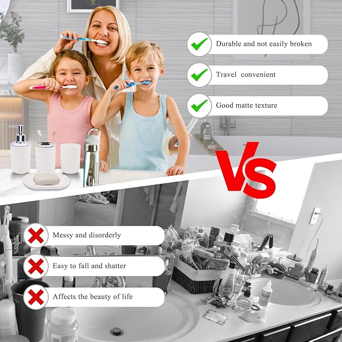LGURT Matte White Bathroom Accessories Set, 4-Piece Plastic Bathroom Vanity Set with Soap Dispenser, Toothbrush Holder, Rinse Cup & Soap Dish, White Bathroom Counter Organizer
