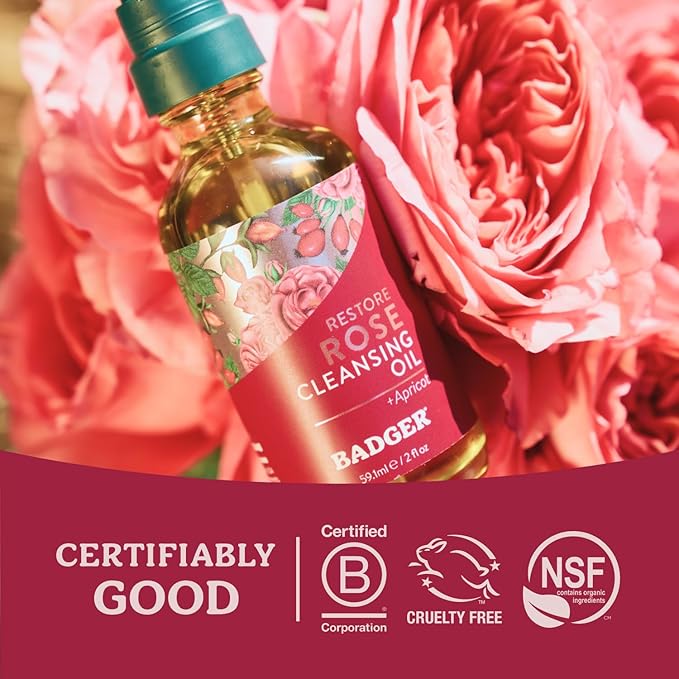 Badger Rose Face Cleansing Oil, Organic Facial Oil Cleanser & Makeup Remover, Oil Cleansing Method, Non-Greasy Moisturizing Skin Balancing Gentle Face Cleanser w/Pure Rose Oil, 2 fl oz Glass Bottle