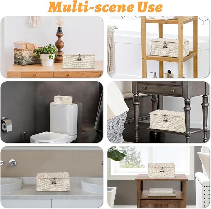 Sumnacon Wicker Basket with Lid Rectangle Woven Baskets for Toiletries Tampon Storage,Wicker Storage Basket with Lid,Decorative Seagrass Storage Baskets for Shelf Bathroom Toilet Table,Whitewash