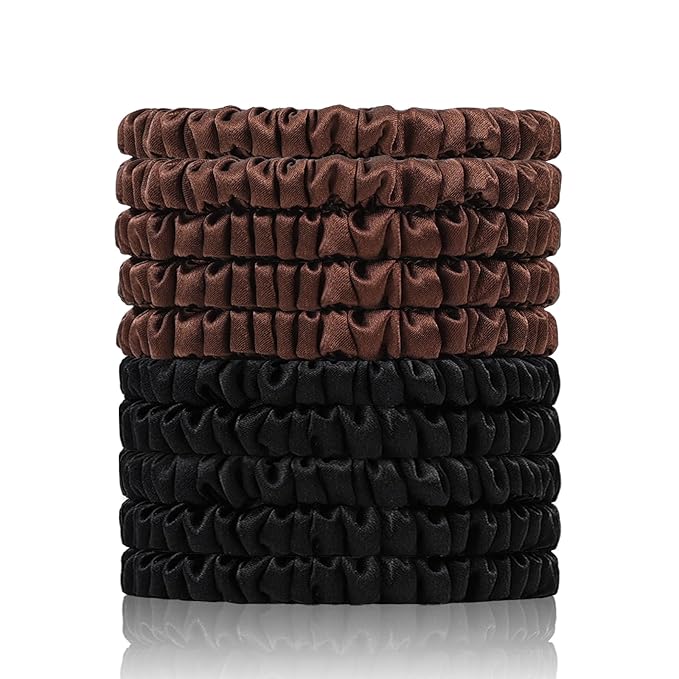 22 Momme 100% Pure Mulberry Silk Scrunchies (10 PCS) - Small Hair Elastics and Ties for Women Sleep, Hair Care No Damage, Black*5+Brown*5