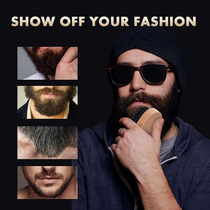 DEBETOOL Boar Bristle Beard Brush for Men - Wooden Beard Brush and Comb Set with Beard Scissors, Pocket Travel Men's Wooden Mustache Brush for Beard Care
