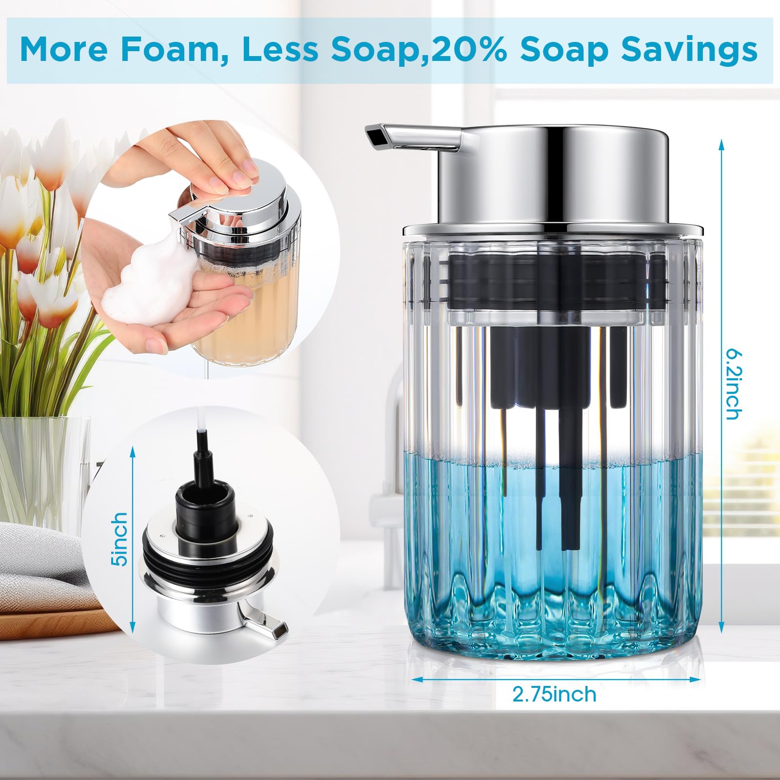 Potchen 2 Pcs Refillable Foaming Hand Soap Dispenser 10 oz Plastic Dispenser Pump Lotion Foaming with Silver Pump for Bathroom Vanities Kitchen(Clear)