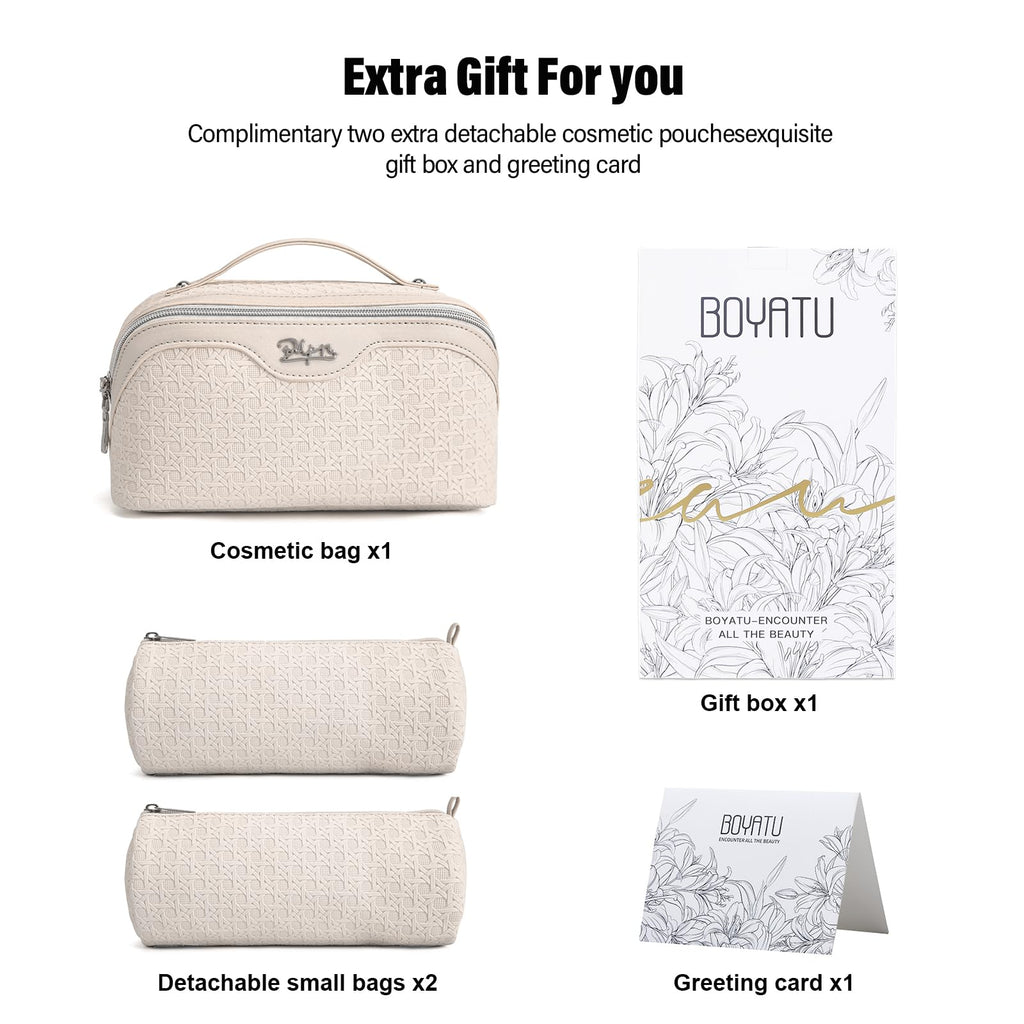 BOYATU Travel Makeup Bag Cosmetic Bags for Women: Large Capacity 3 Pcs Set Make up Bag with Compartments - Waterproof Vegan Leather Toiletry Organizer Bags with Handle (M-72Off-white)