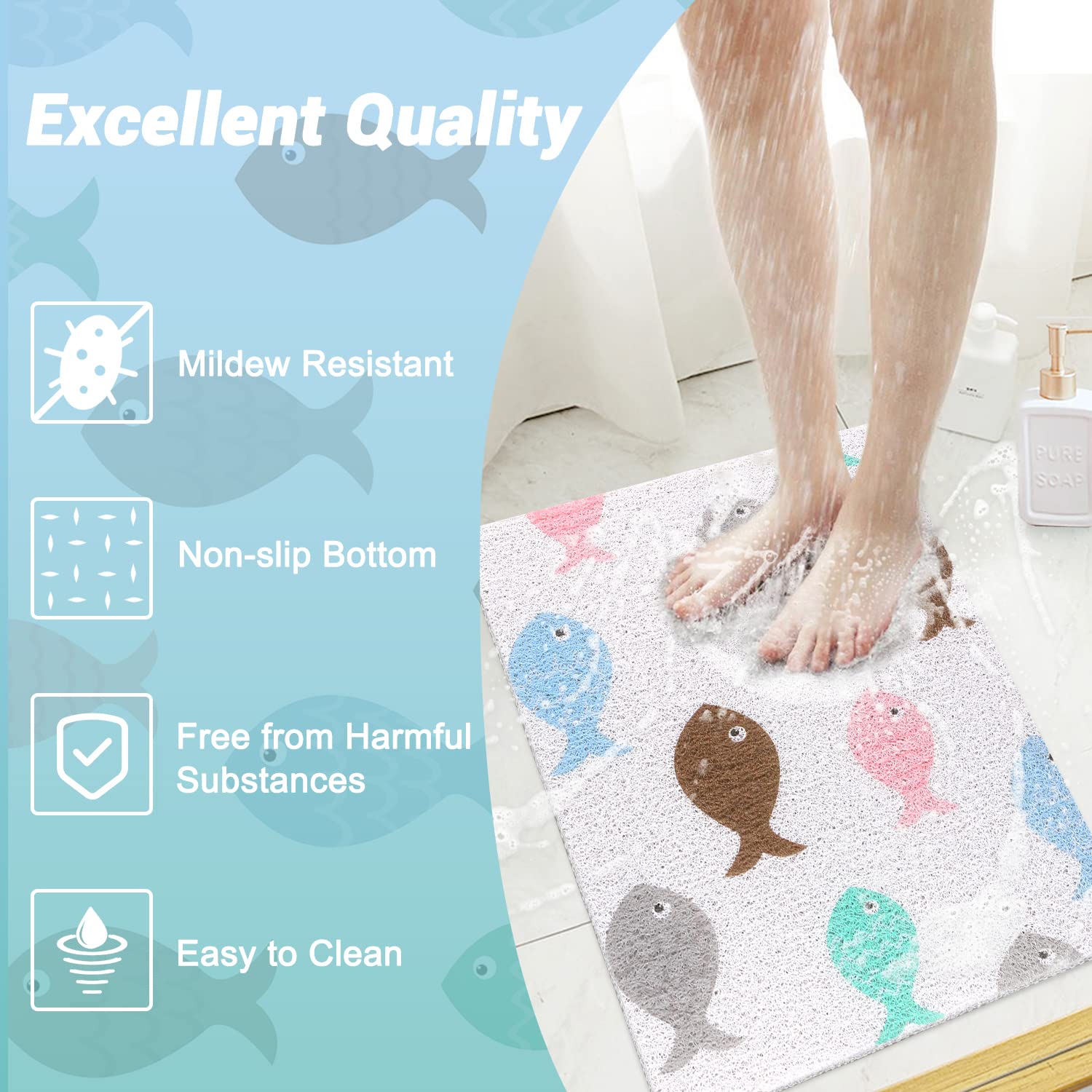 Shower Mat Non-Slip, Soft Comfort Bath Mat with Drainage Holes, PVC Loofah Massage Bathmat for Shower,Tub,Bathroom,Wet Areas, Quick Drying