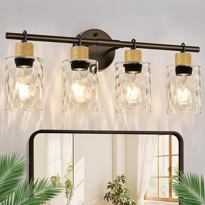 Bathroom Light Fixtures, 4-Light Coastal Vanity Lights with Crystal Glass Shade, Oil-Rubbed Bronze Bathroom Wall Lamp for Mirror Kitchen Hallway Cabinet
