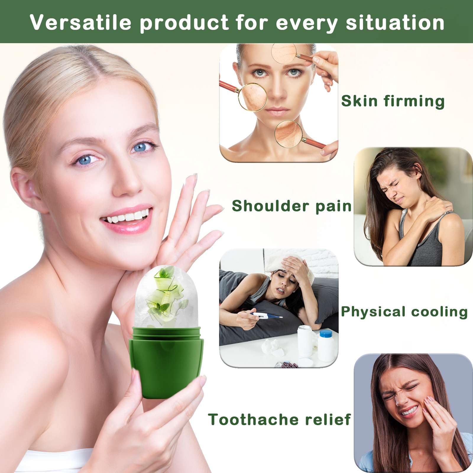 XHJRI Ice Face Roller Massager,Ice Cube Roller for Face, Eyes and Neck Naturally Conditioning and Skin Care,De-Puff Eye Bags,Reduce Migraine Pain,Reusable Massage Silicone Ice Mold (New Green)