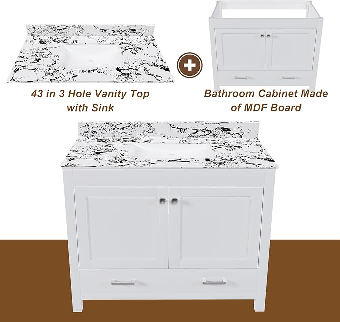 Montary 42" Bathroom Vanity with 43" Artificial Marble Black White Top, Modern Stylish MDF Bathroom Storage Cabinet, Vanity Set with 2 Doors and One Large Divided Drawer, White (Three Holes)